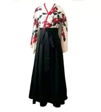 Load image into Gallery viewer, Women's Hakama Japanese Traditional Kimono Flower White Jacket Black Pants 160cm