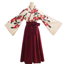 Load image into Gallery viewer, Women's Hakama Japanese Traditional Kimono Flower White Jacket Black Pants 160cm