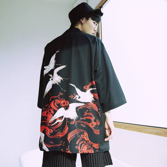 Happi JapaneseTraditional Coat Black 5 Cranes Yosakoi Dance Costume Women & Men