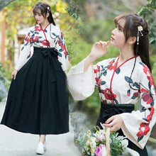 Load image into Gallery viewer, Women&#39;s Hakama Japanese Traditional Kimono Flower White Jacket Black Pants 160cm
