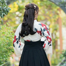 Load image into Gallery viewer, Women&#39;s Hakama Japanese Traditional Kimono Flower White Jacket Black Pants 160cm
